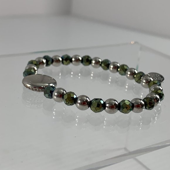 Rustic Cuff Beaded Stretch Bracelet Silver Tone Gray - Picture 6 of 7